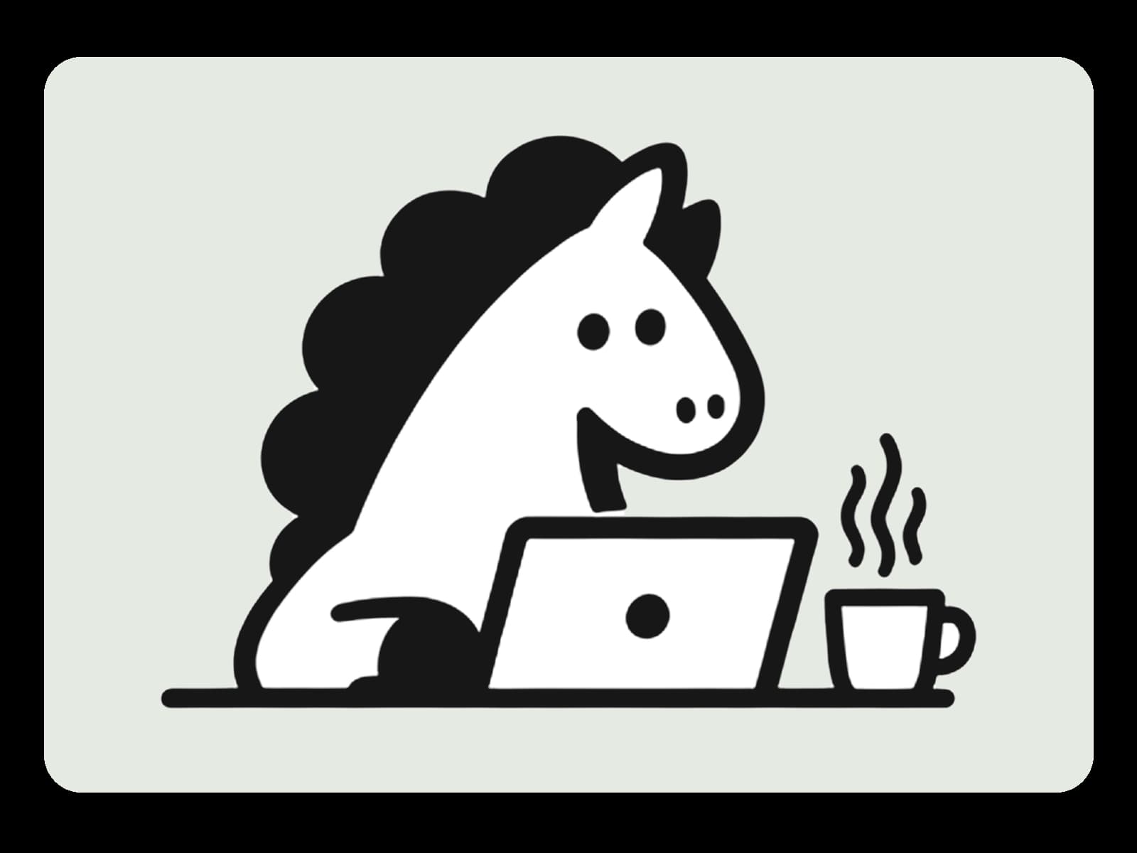 ZhouWorks horse mascot working at a laptop with a cup