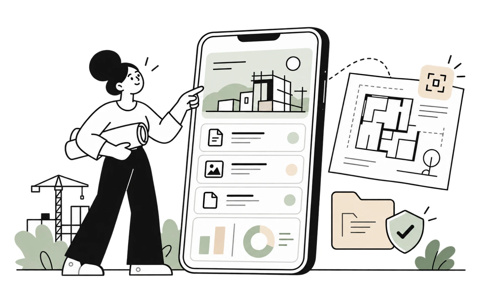 Illustration of mobile project documents and dashboard