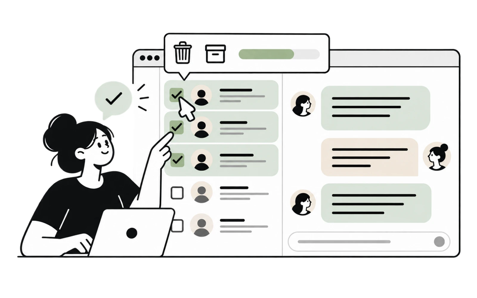 Illustration of selecting conversations and bulk actions