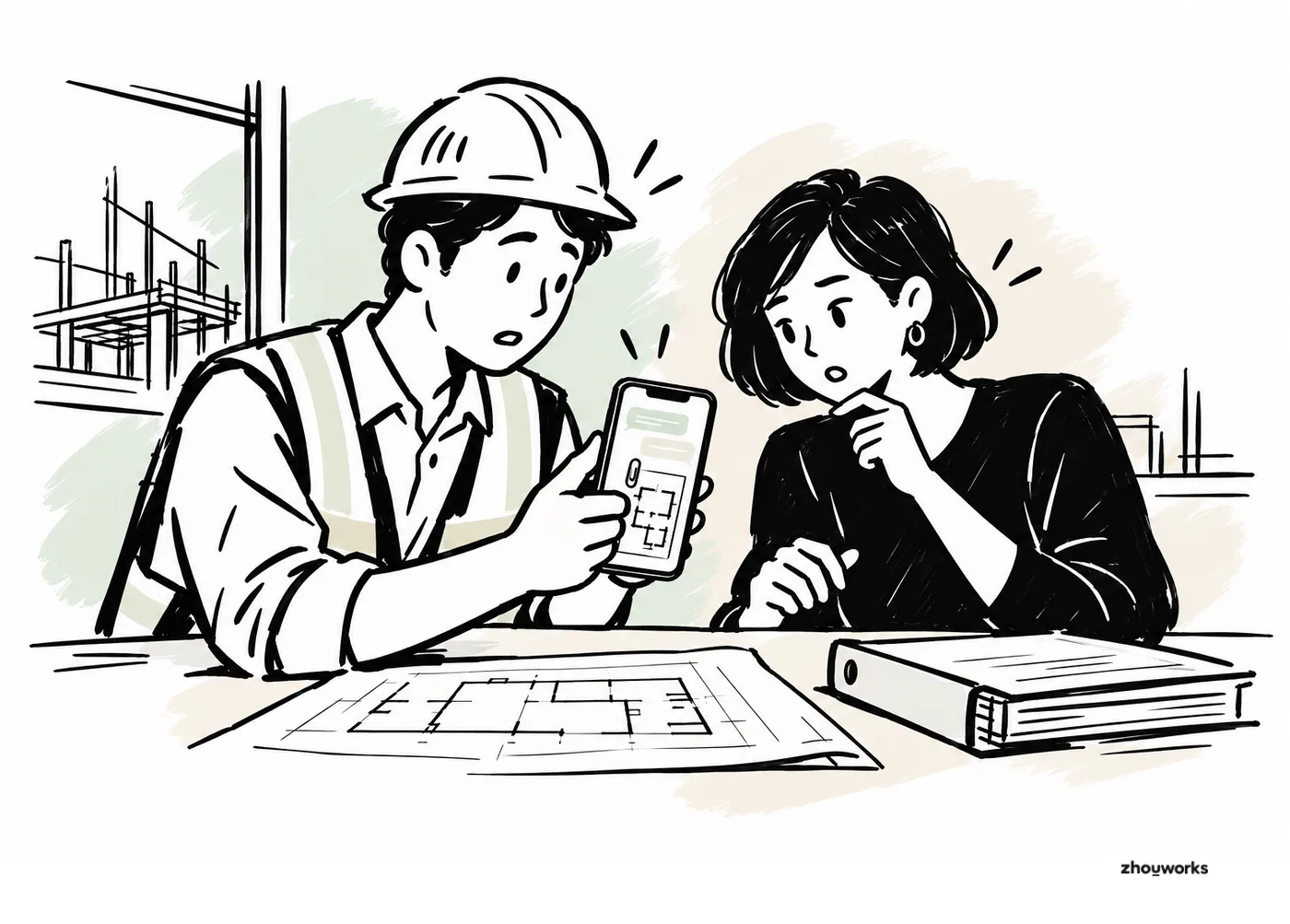 Kỹ sư nhà thầu và quản lý thiết kế cùng kiểm tra bản vẽ vừa nhận trong nhóm chat trên điện thoại trước khi dùng ngoài công trường.