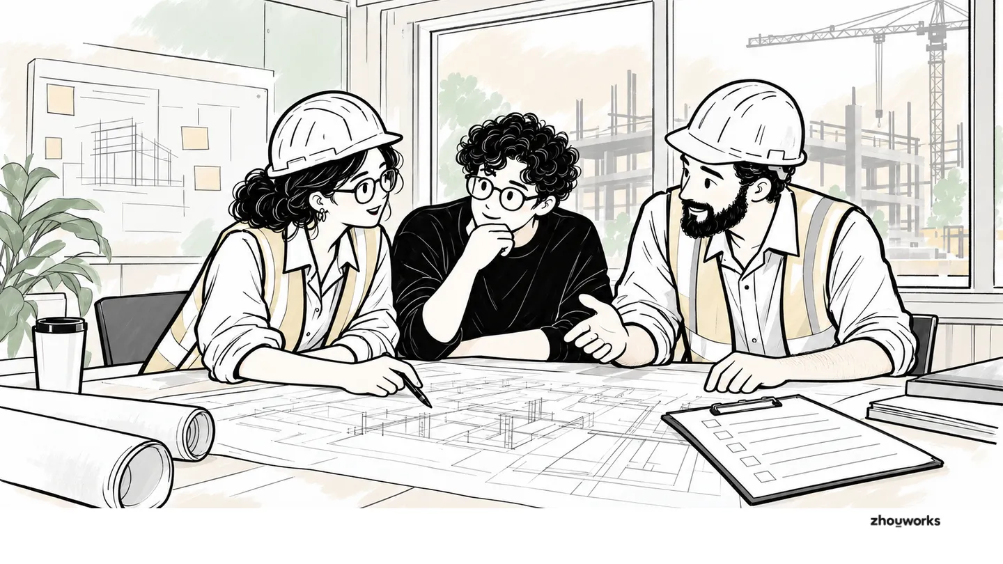 Three project colleagues discuss a drawing and preparation checklist in a site office.
