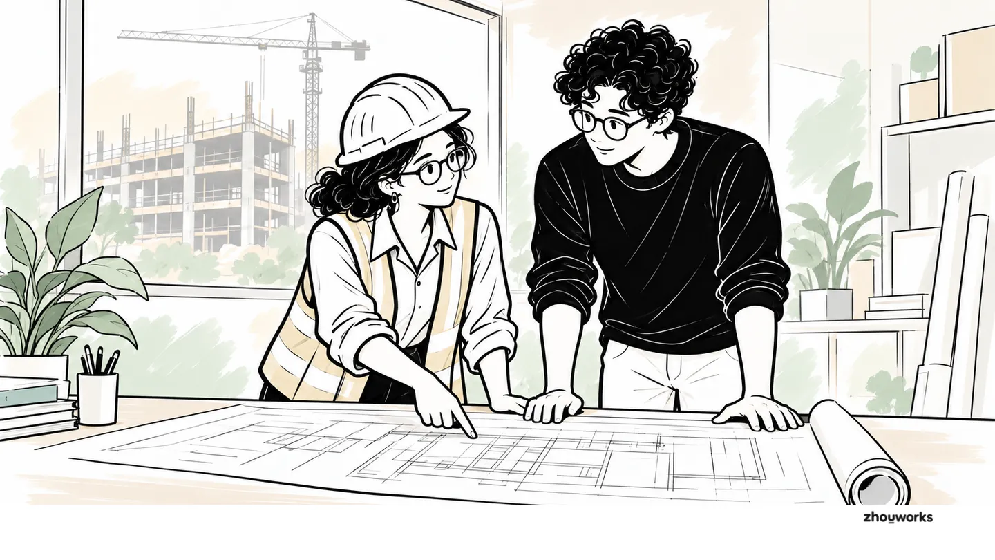 Two project team members review a drawing in a site office.