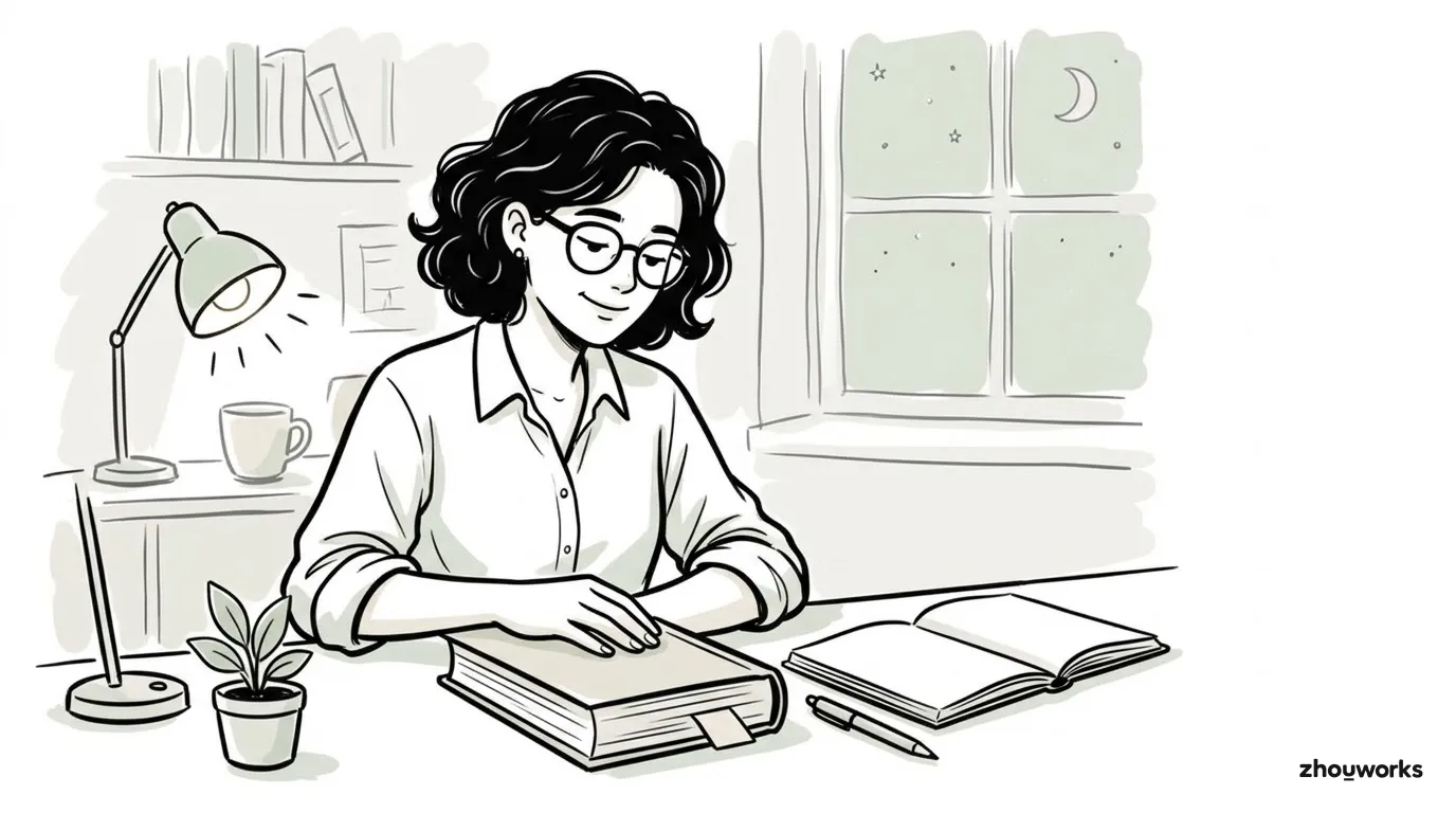 A person closes a book after placing a sticky tab, with a notebook and pen beside it